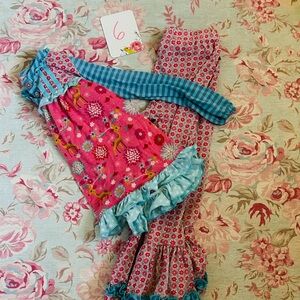 Girls' Pink Floral & Deer Pajama Set with Blue Accents